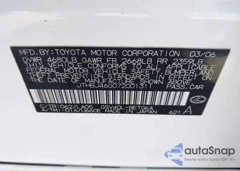 2007 Lexus Es 350 from USA, damaged, VIN JTHBJ46G072001311